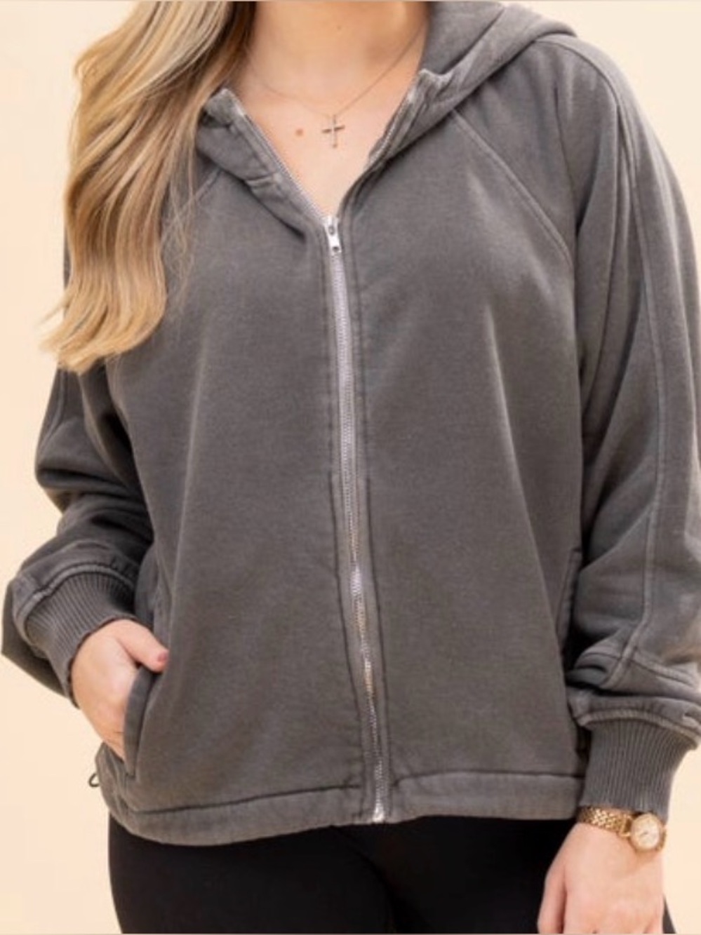Women's Washed Gray Zip-Up Hoodie. Small.